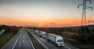 HGVs on road at sunset